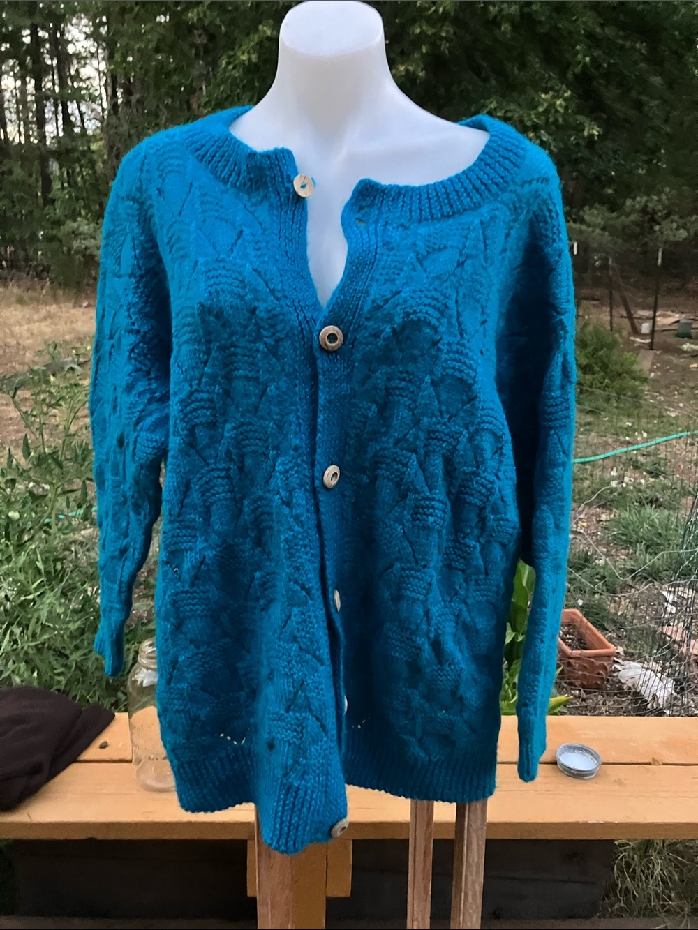 Hand knit 2X thick cardigan sweater bright blue